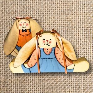 Vintage 1993 Hand-Painted Wooden Bunny Pair | Folk Art Rabbits with Fabric Ears